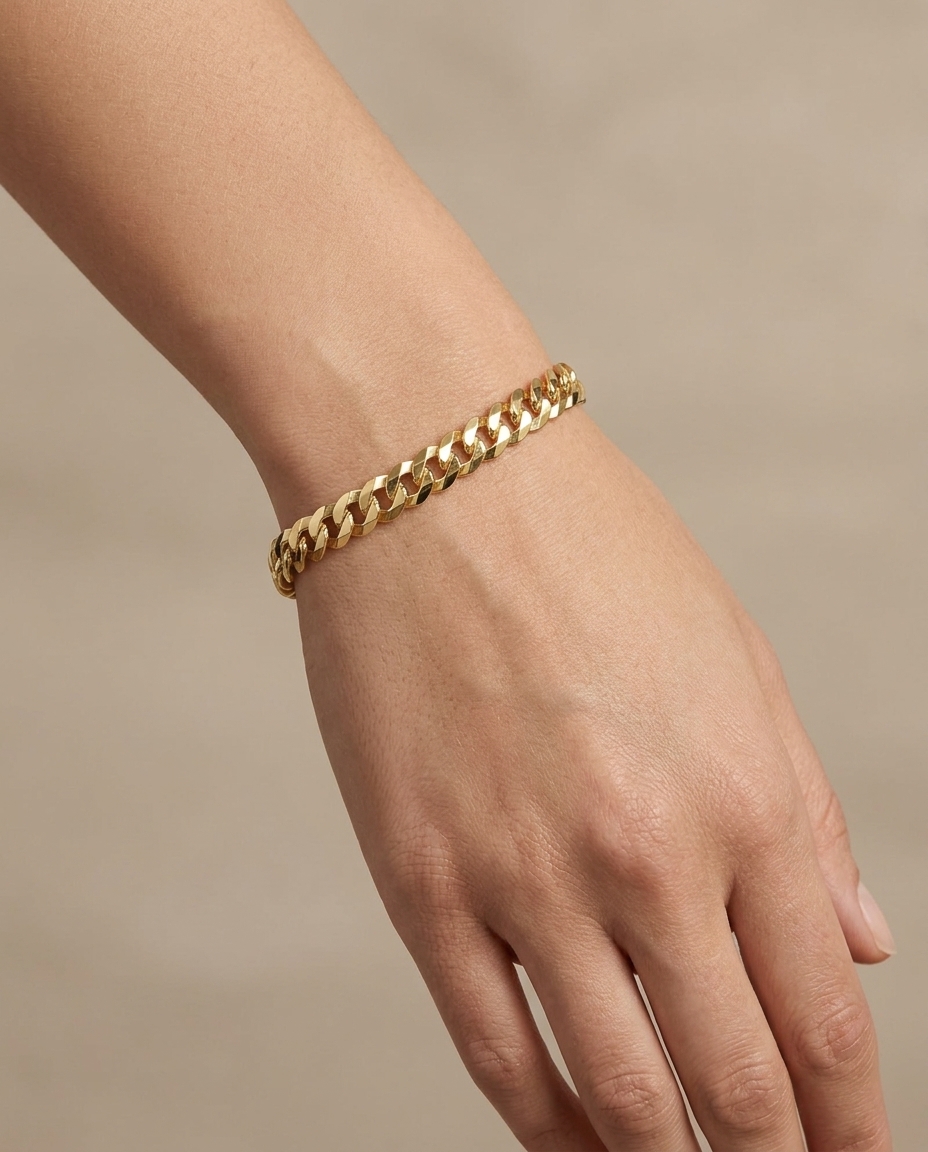 14KT Yellow Gold Flat Cuban Bracelet on model