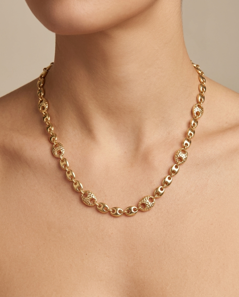 14KT Gold Hollow Puff Mariner Necklace on model