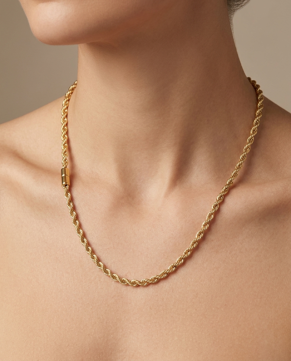 14KT Gold Rope Chain Necklace on model