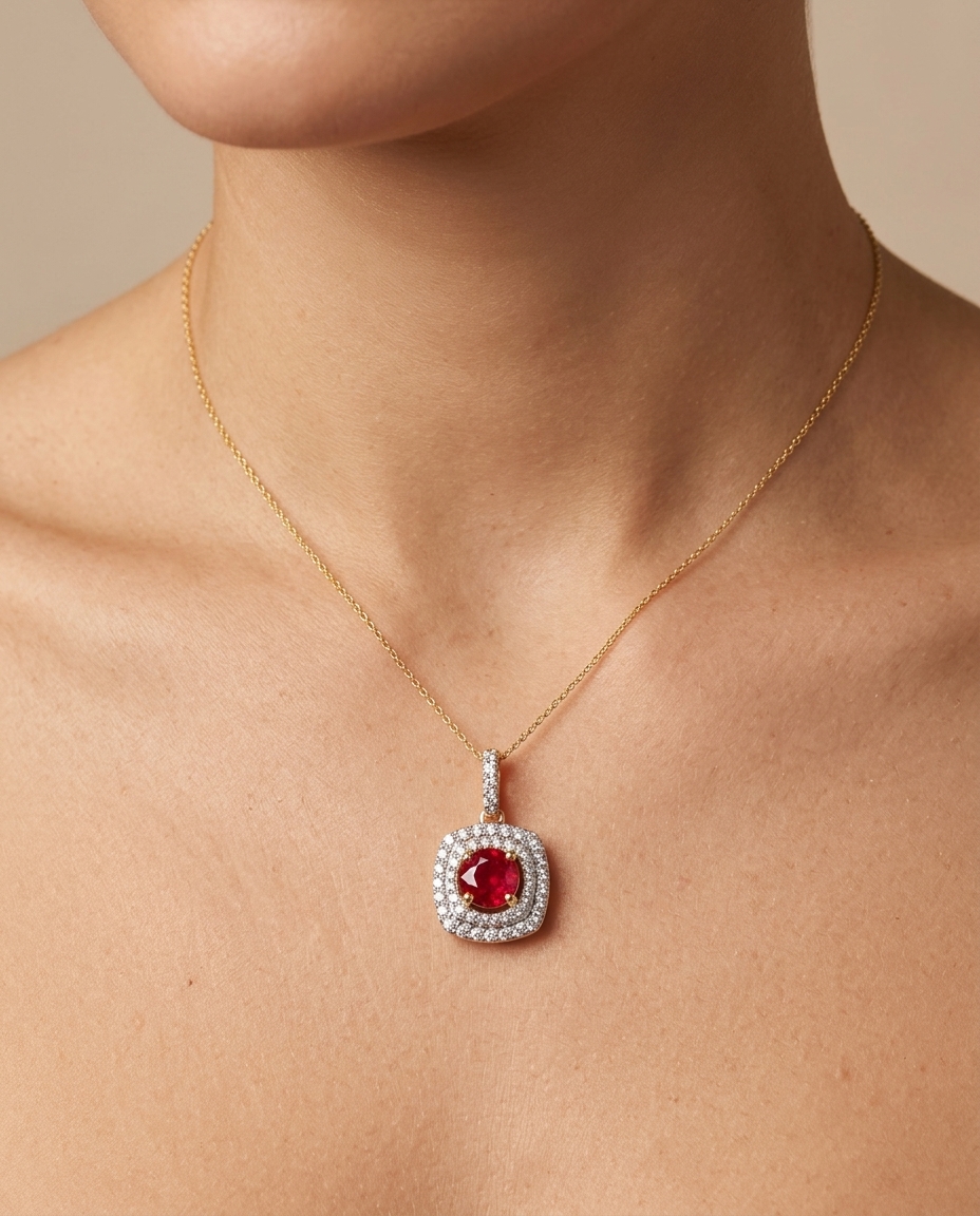 14KT Yellow Gold Ruby and Diamond Pendant Necklace view 2