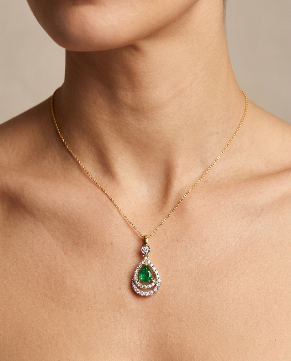 14KT Yellow Gold Pendant with Diamonds and Emerald view 2