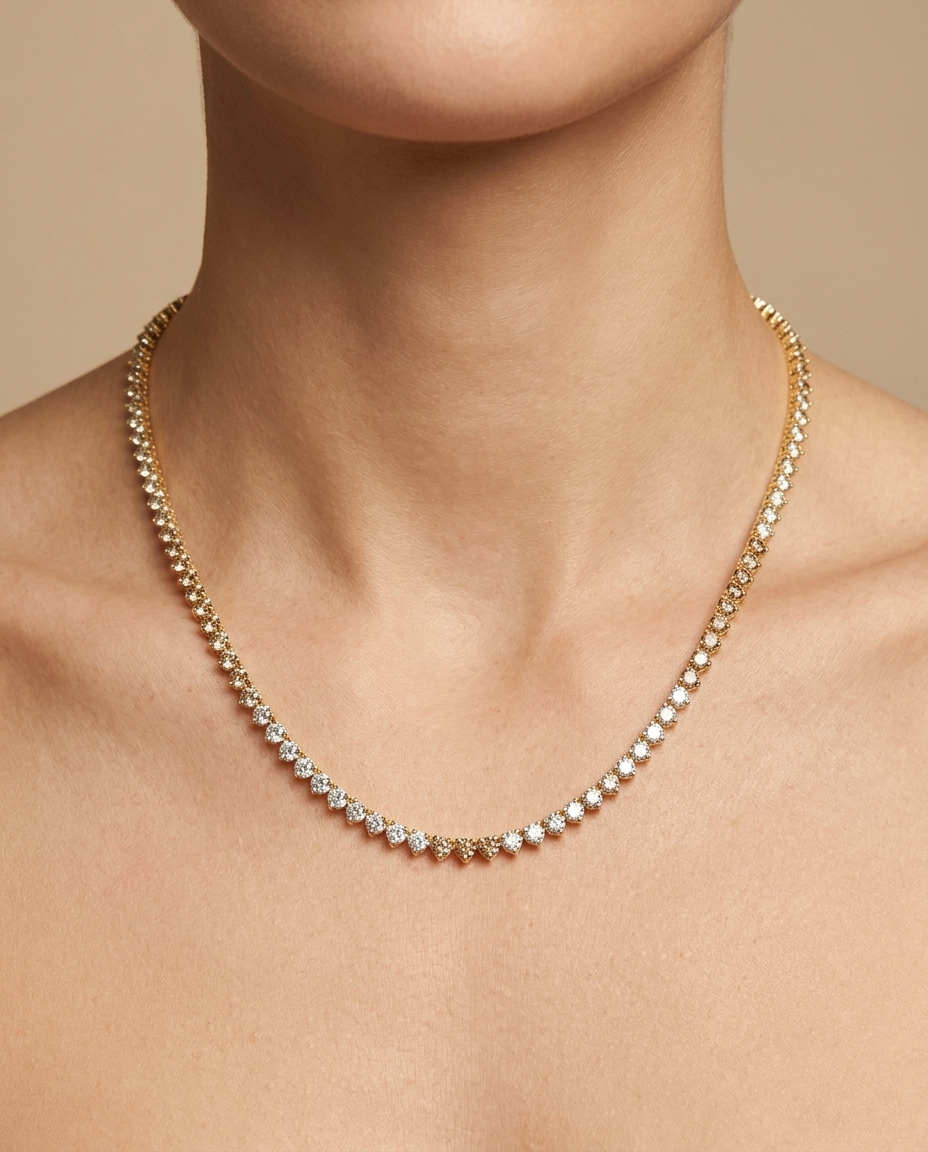 14KT Yellow Gold Champagne Diamond 3 Prong Tennis Necklace (7.00 CTS) on model