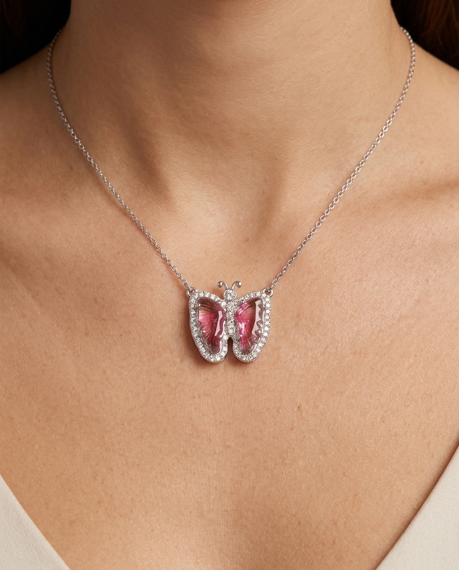 14KT White Gold Watermelon Tourmaline and Diamonds Butterfly Necklace view 2