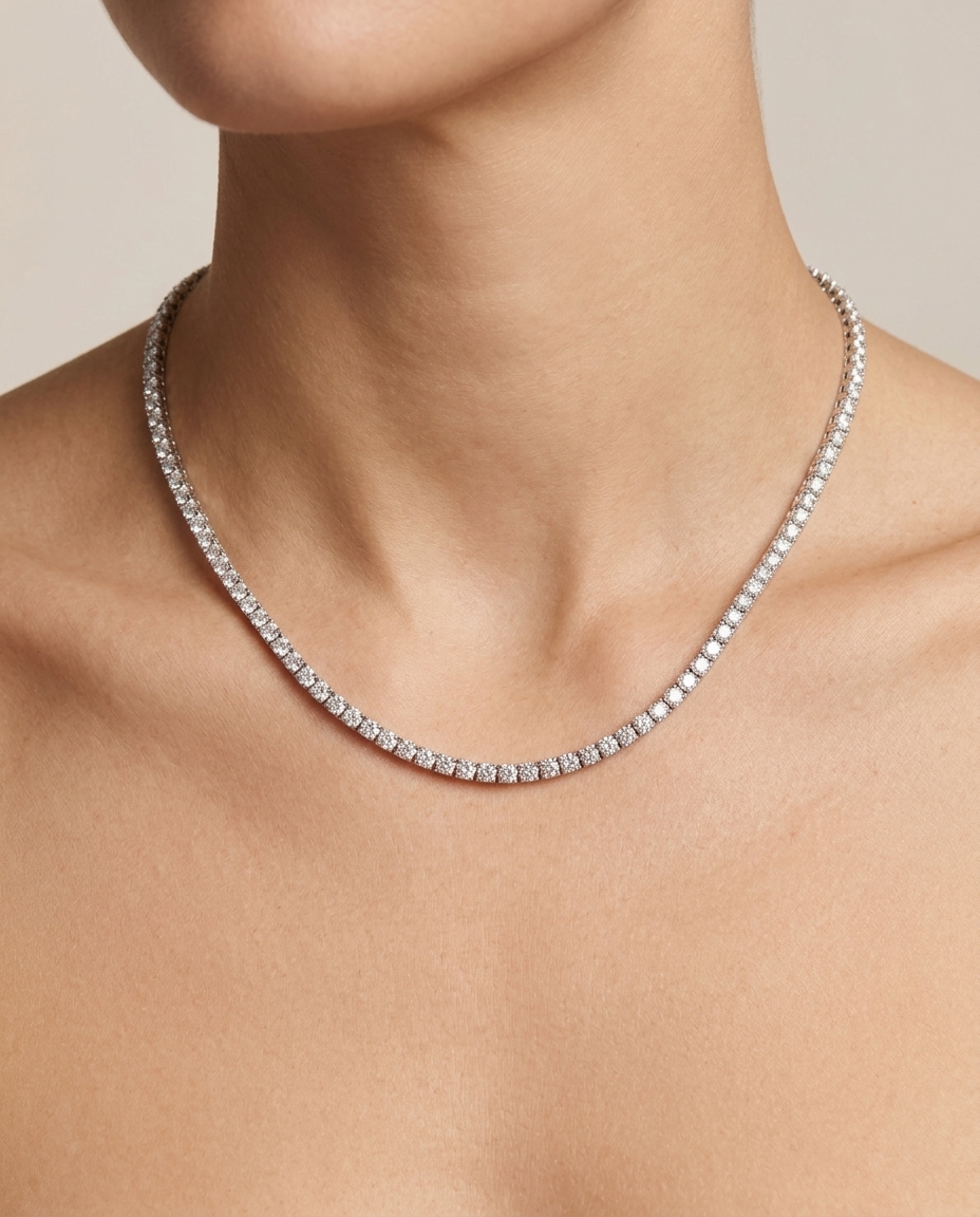 14KT Gold Champagne Diamond Tennis Necklace on model