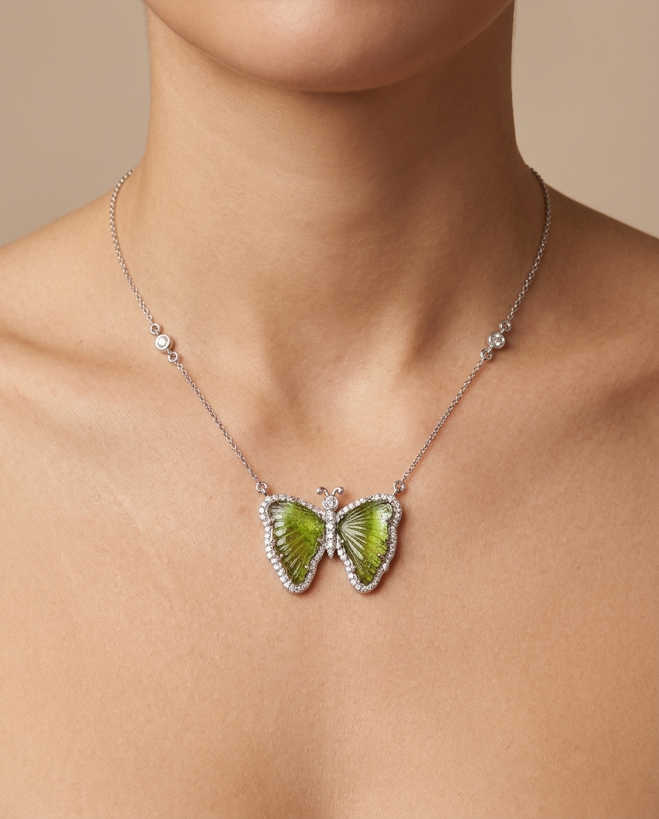 14KT White Gold Watermelon Tourmaline and Diamonds Butterfly Necklace (Copy) on model