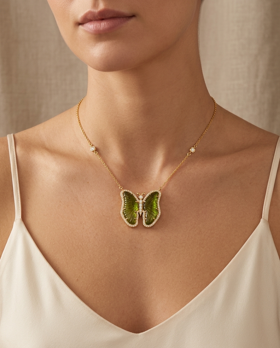14KT Yellow Gold Watermelon Tourmaline and Diamonds Butterfly Necklace on model