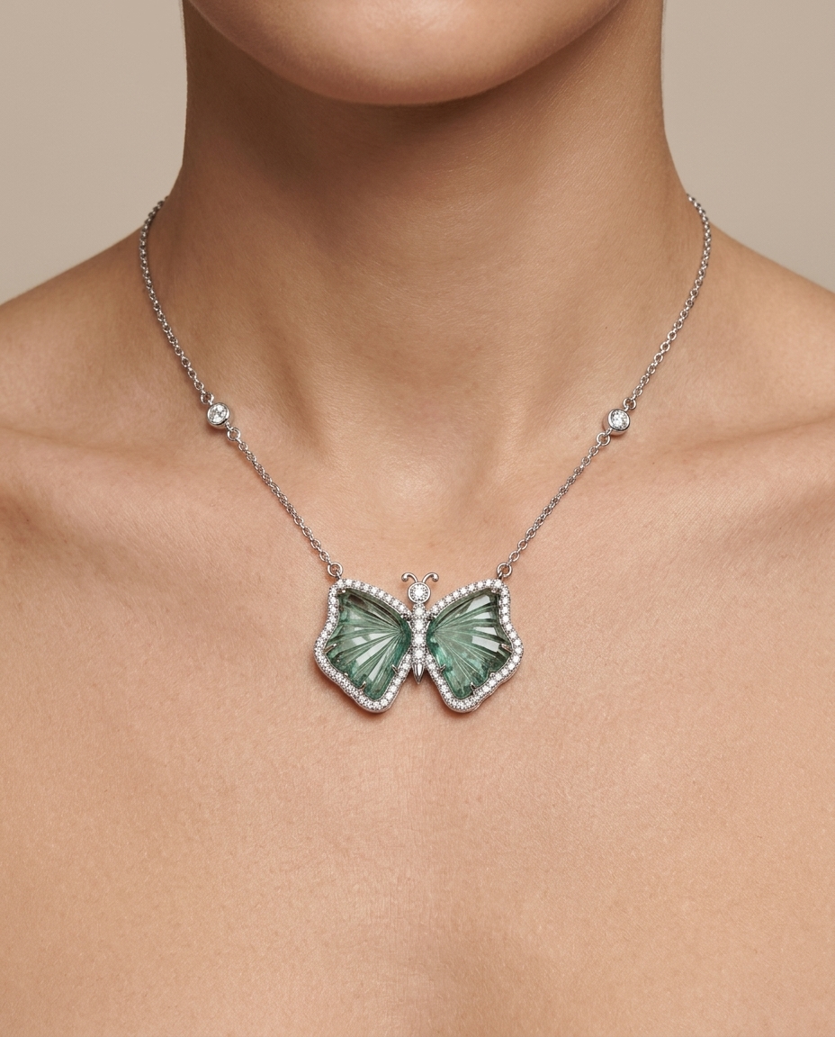 14KT White Gold Watermelon Tourmaline and Diamonds Butterfly Necklace on model