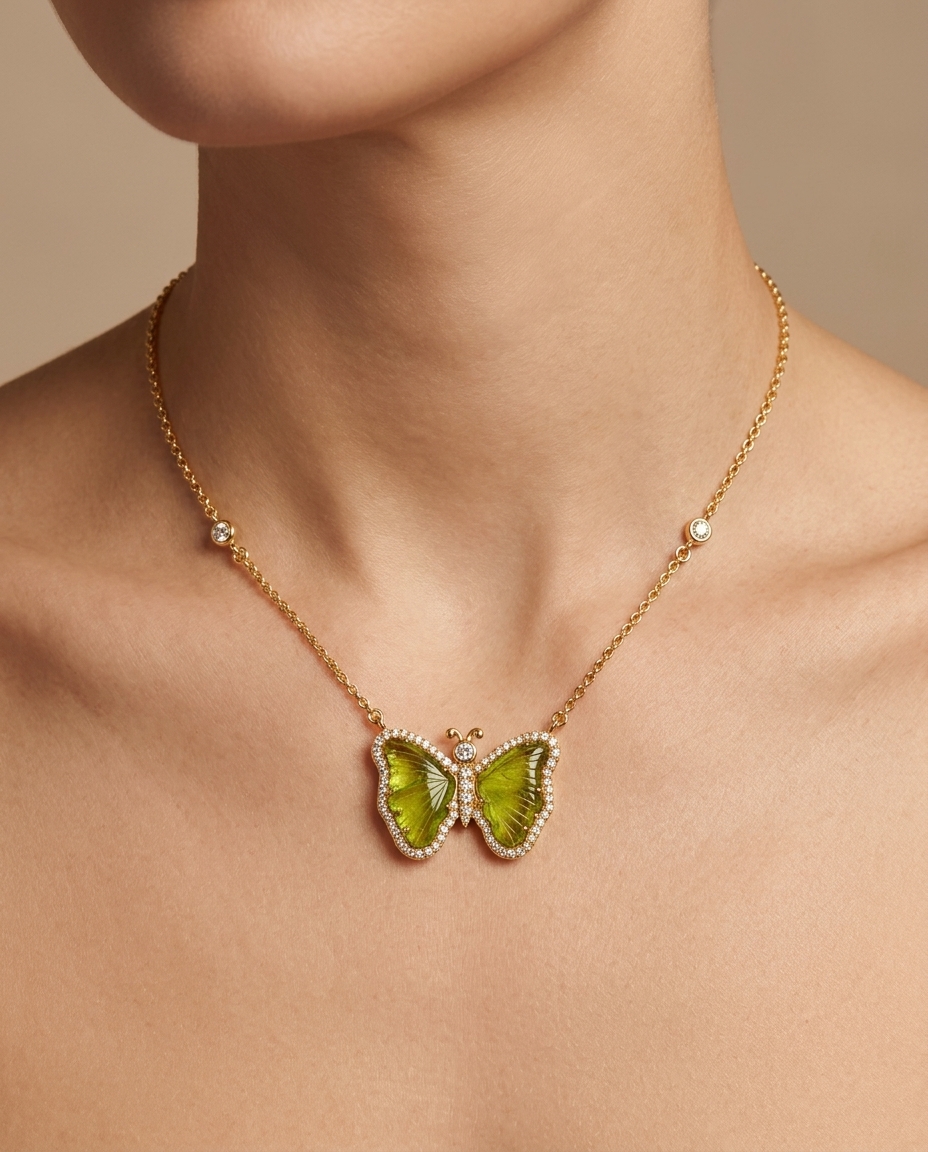 14KT Yellow Gold Watermelon Tourmaline and Diamonds Butterfly Necklace on model