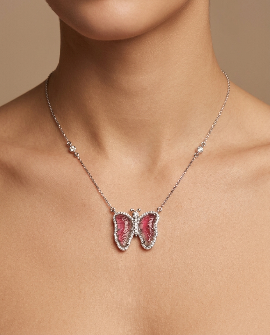14KT White Gold Watermelon Tourmaline and Diamonds Butterfly Necklace view 2