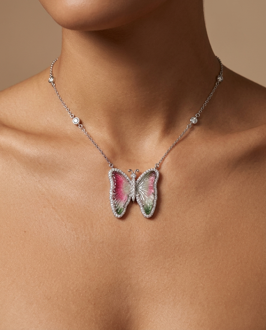 14KT White Gold Watermelon Tourmaline and Diamonds Butterfly Necklace view 2