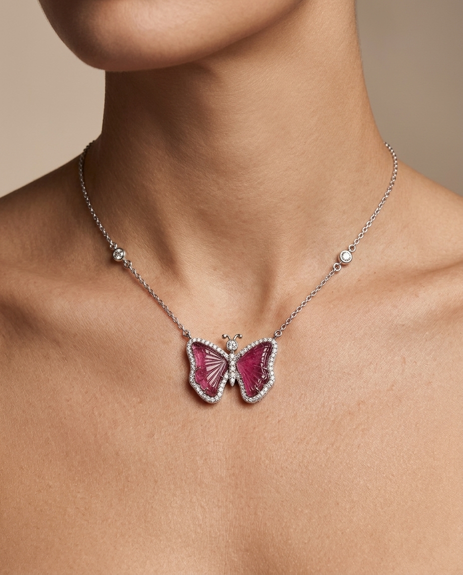14KT White Gold Watermelon Tourmaline and Diamonds Butterfly Necklace view 2
