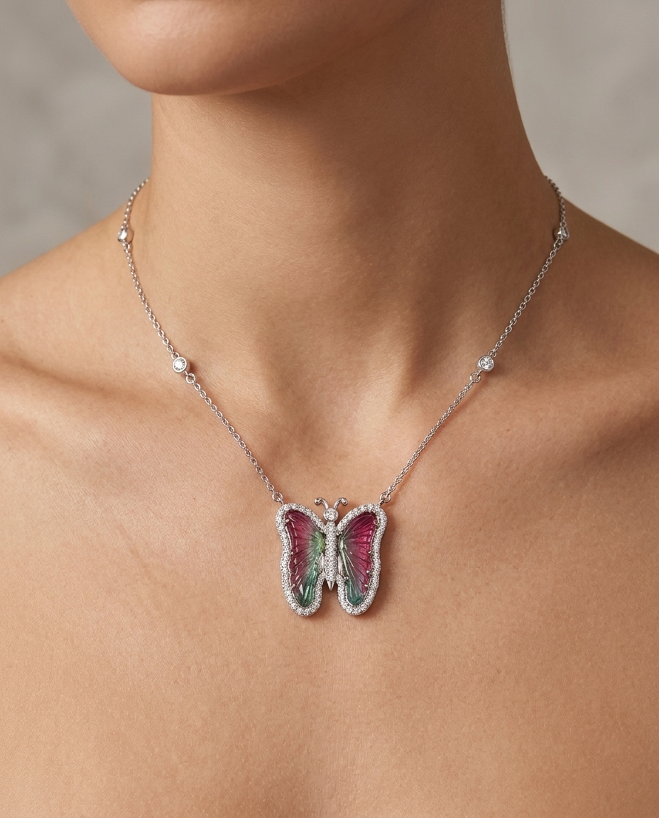 14KT White Gold Watermelon Tourmaline and Diamonds Butterfly Necklace on model