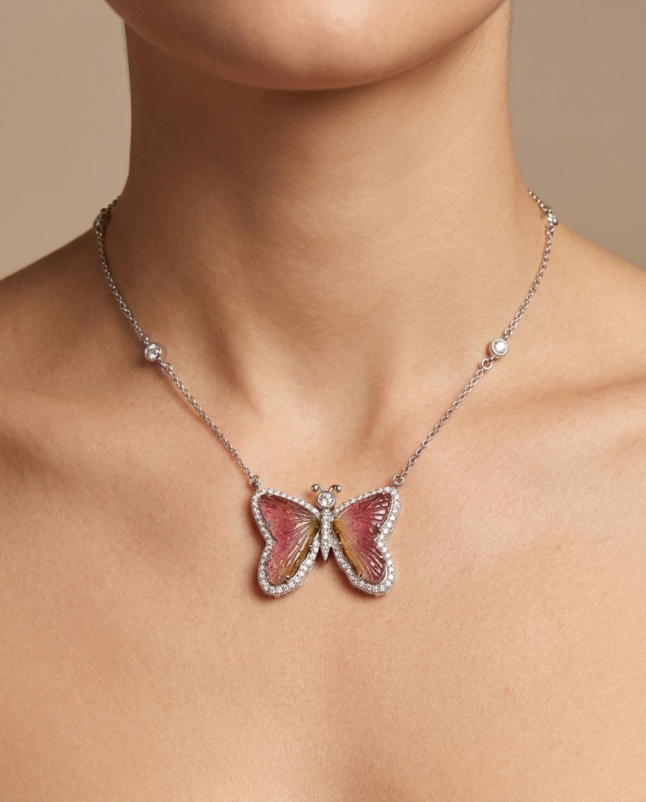 14KT White Gold Watermelon Tourmaline and Diamonds Butterfly Necklace view 2