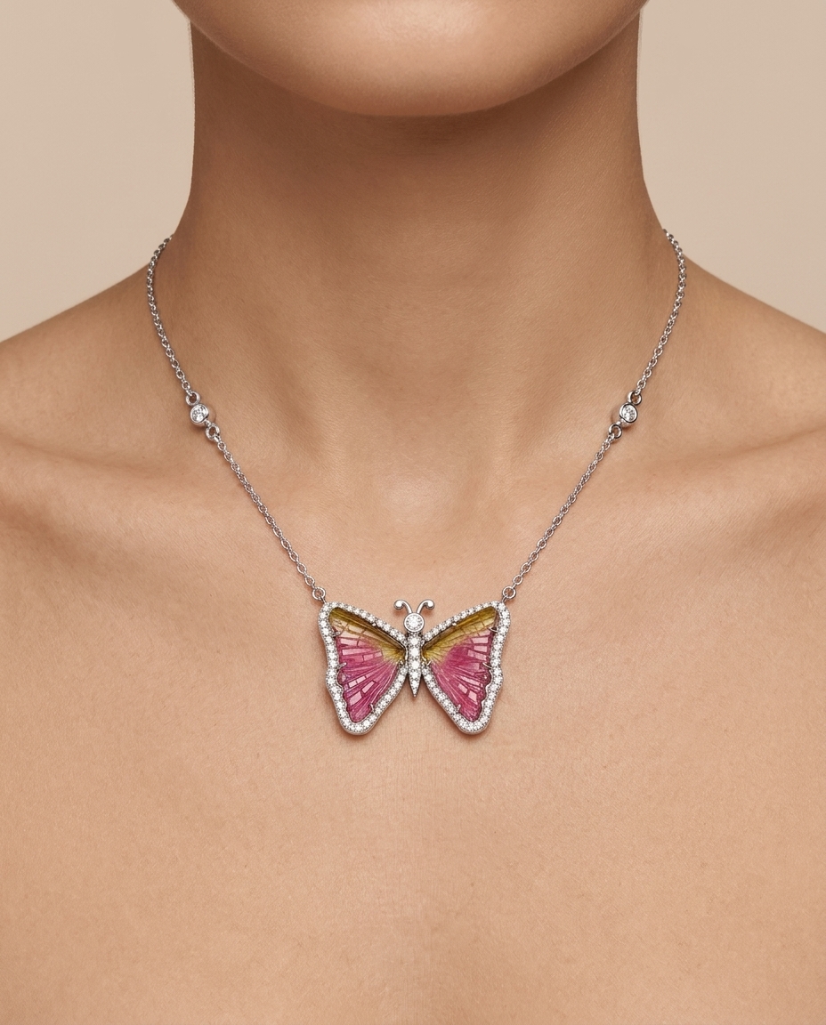 14KT White Gold Watermelon Tourmaline and Diamonds Butterfly Necklace on model
