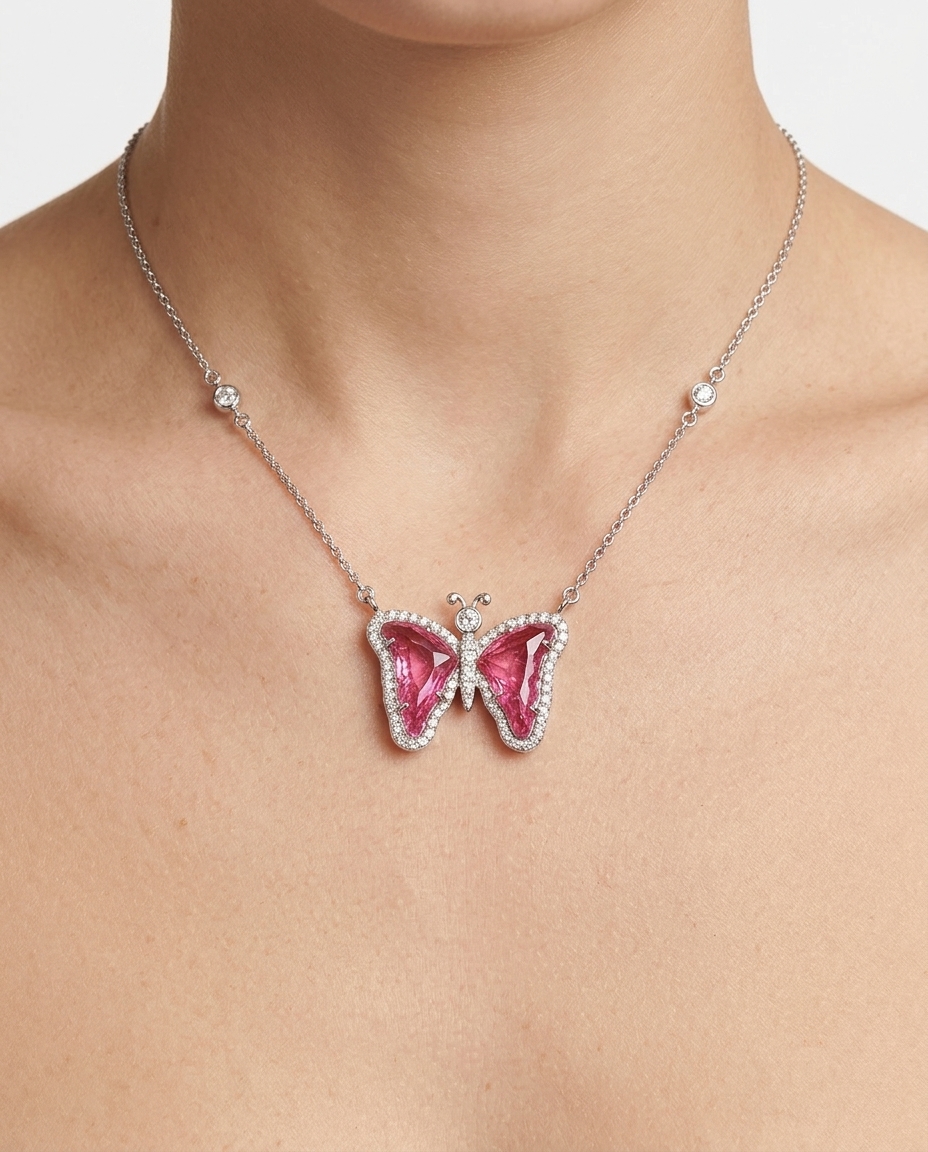 14KT White Gold Watermelon Tourmaline and Diamonds Butterfly Necklace on model