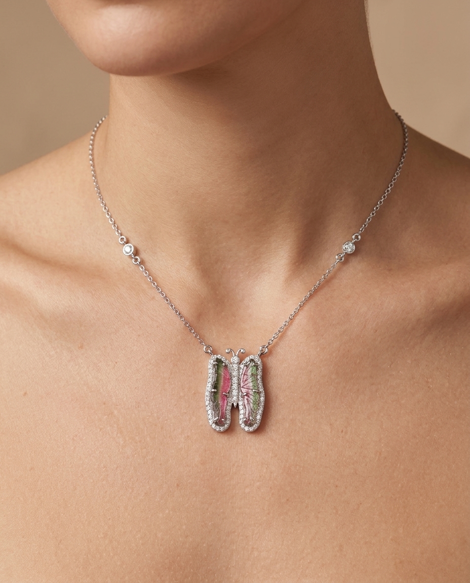 14KT White Gold Watermelon Tourmaline and Diamonds Butterfly Necklace on model