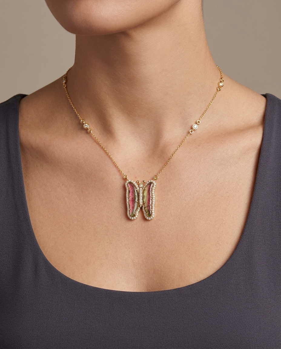 14KT Yellow Gold Watermelon Tourmaline and Diamonds Butterfly Necklace on model