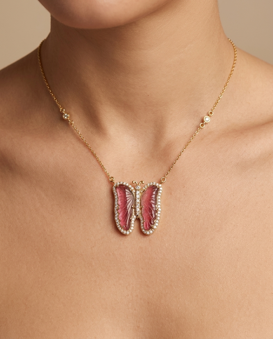 14KT Yellow Gold Watermelon Tourmaline and Diamonds Butterfly Necklace view 2