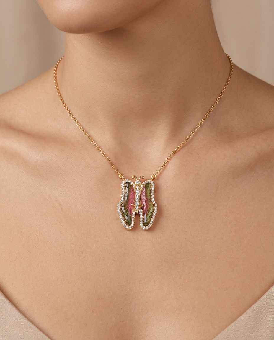 14KT Yellow Gold Watermelon Tourmaline and Diamonds Butterfly Necklace on model