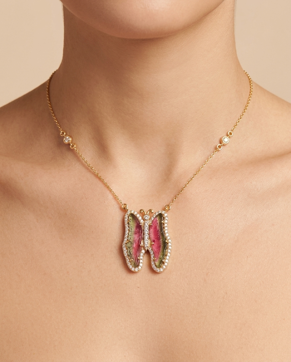 14KT Yellow Gold Watermelon Tourmaline and Diamonds Butterfly Necklace view 2