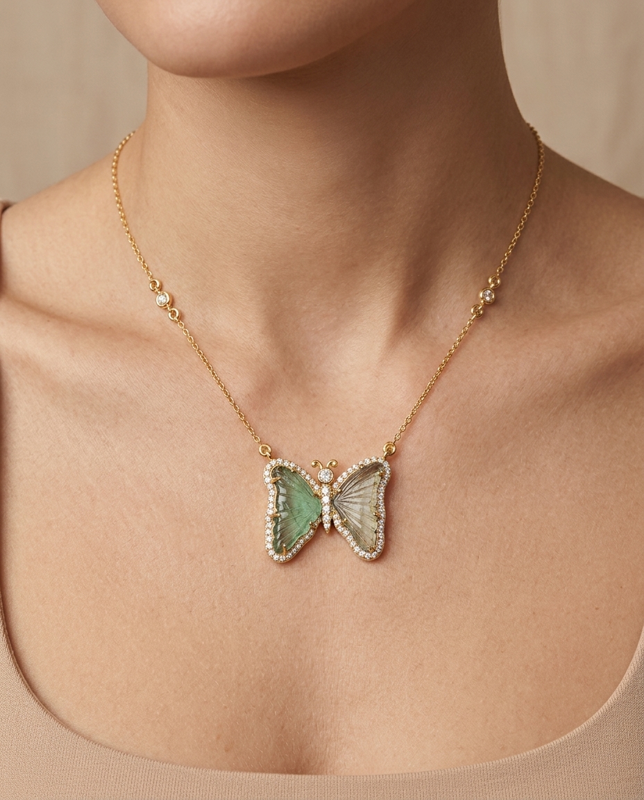 14KT Yellow Gold Watermelon Tourmaline and Diamonds Butterfly Necklace on model