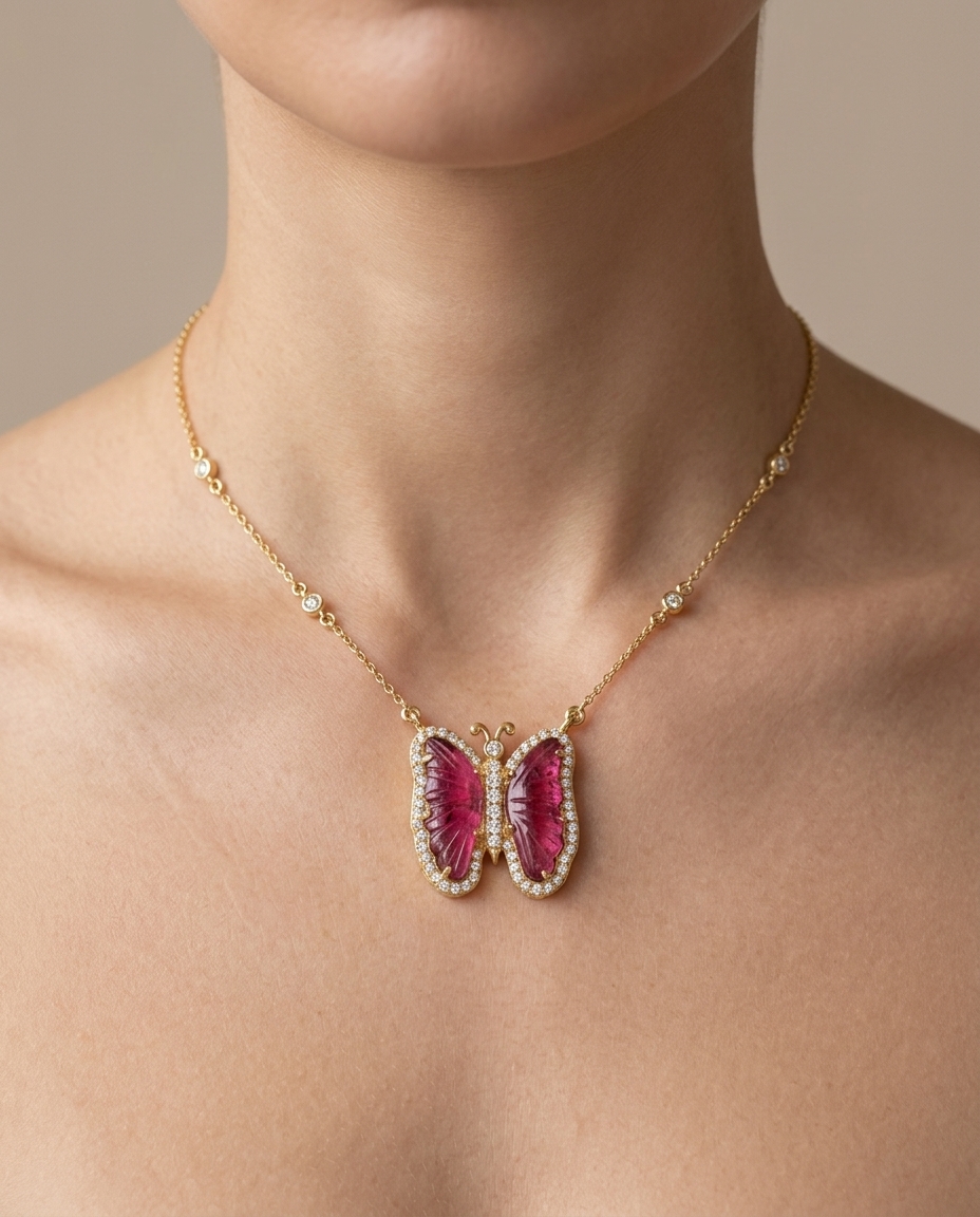14KT Yellow Gold Watermelon Tourmaline and Diamonds Butterfly Necklace view 2
