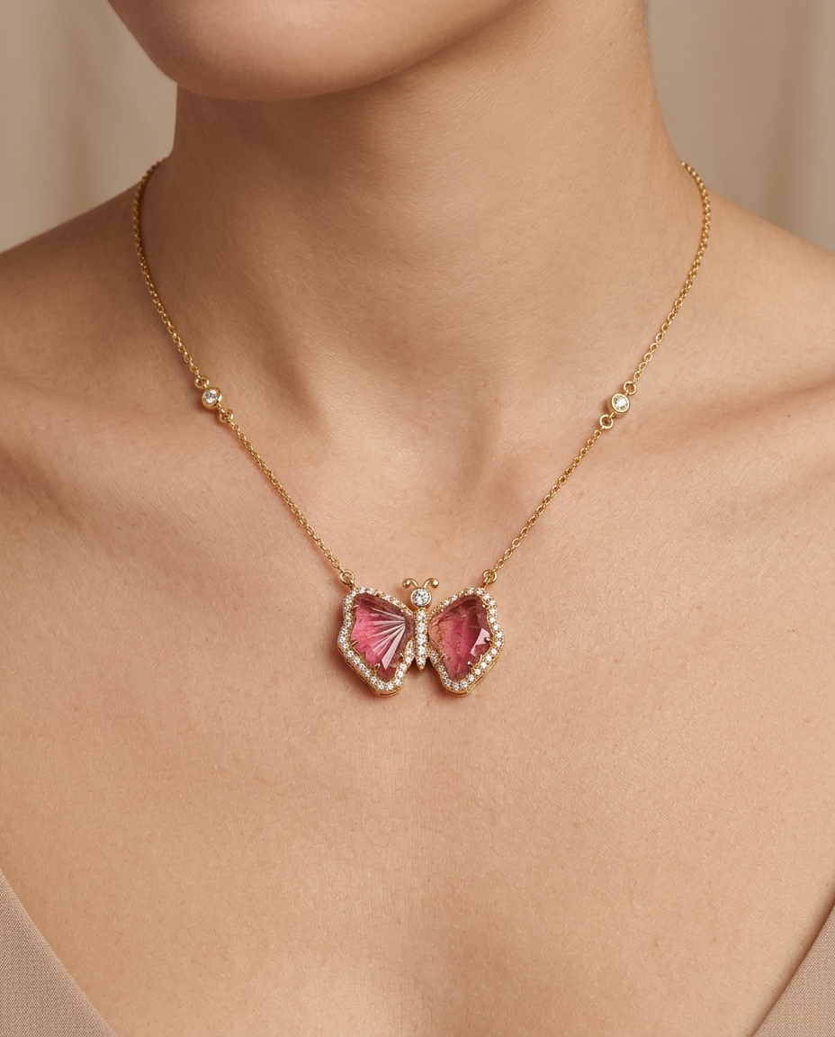 14KT Yellow Gold Watermelon Tourmaline and Diamonds Butterfly Necklace on model