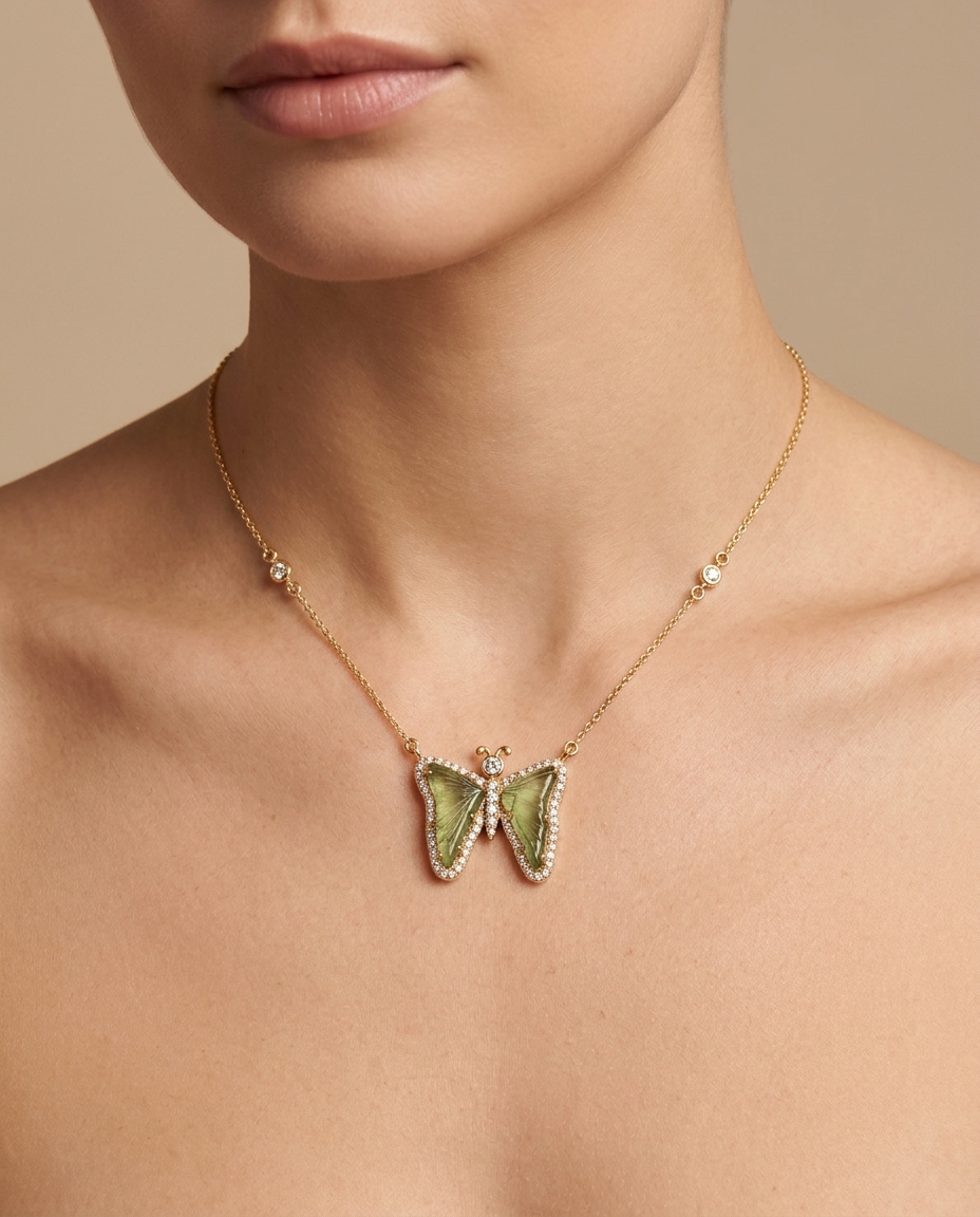 14KT Yellow Gold Watermelon Tourmaline and Diamonds Butterfly Necklace on model