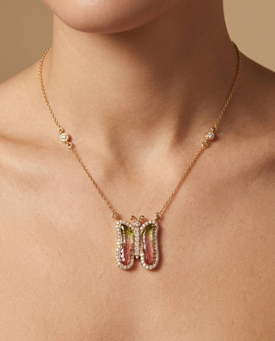 14KT Yellow Gold Watermelon Tourmaline and Diamonds Butterfly Necklace view 2