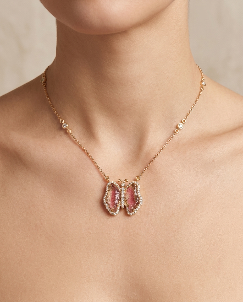 14KT Yellow Gold Watermelon Tourmaline and Diamonds Butterfly Necklace view 2