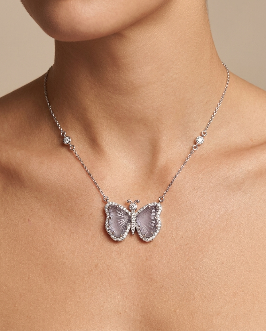 14KT White Gold Watermelon Tourmaline and Diamonds Butterfly Necklace on model
