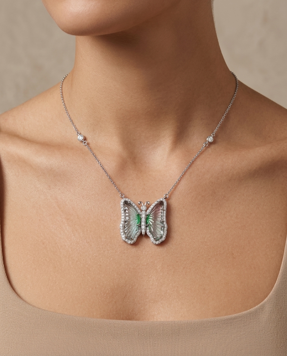 14KT White Gold Watermelon Tourmaline and Diamonds Butterfly Necklace on model