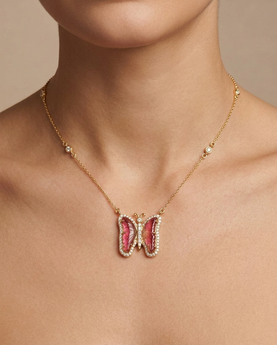 14KT Yellow Gold Watermelon Tourmaline and Diamonds Butterfly Necklace on model