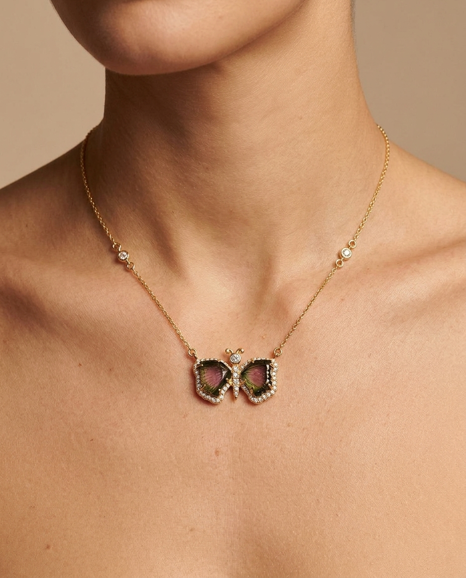 14KT Yellow Gold Watermelon Tourmaline and Diamonds Butterfly Necklace on model