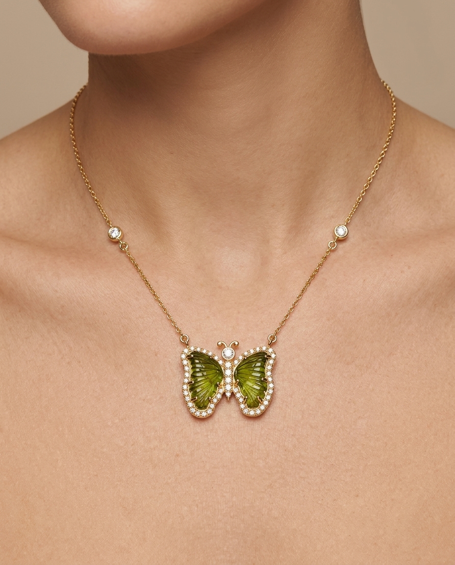 14KT Yellow Gold Watermelon Tourmaline and Diamonds Butterfly Necklace on model