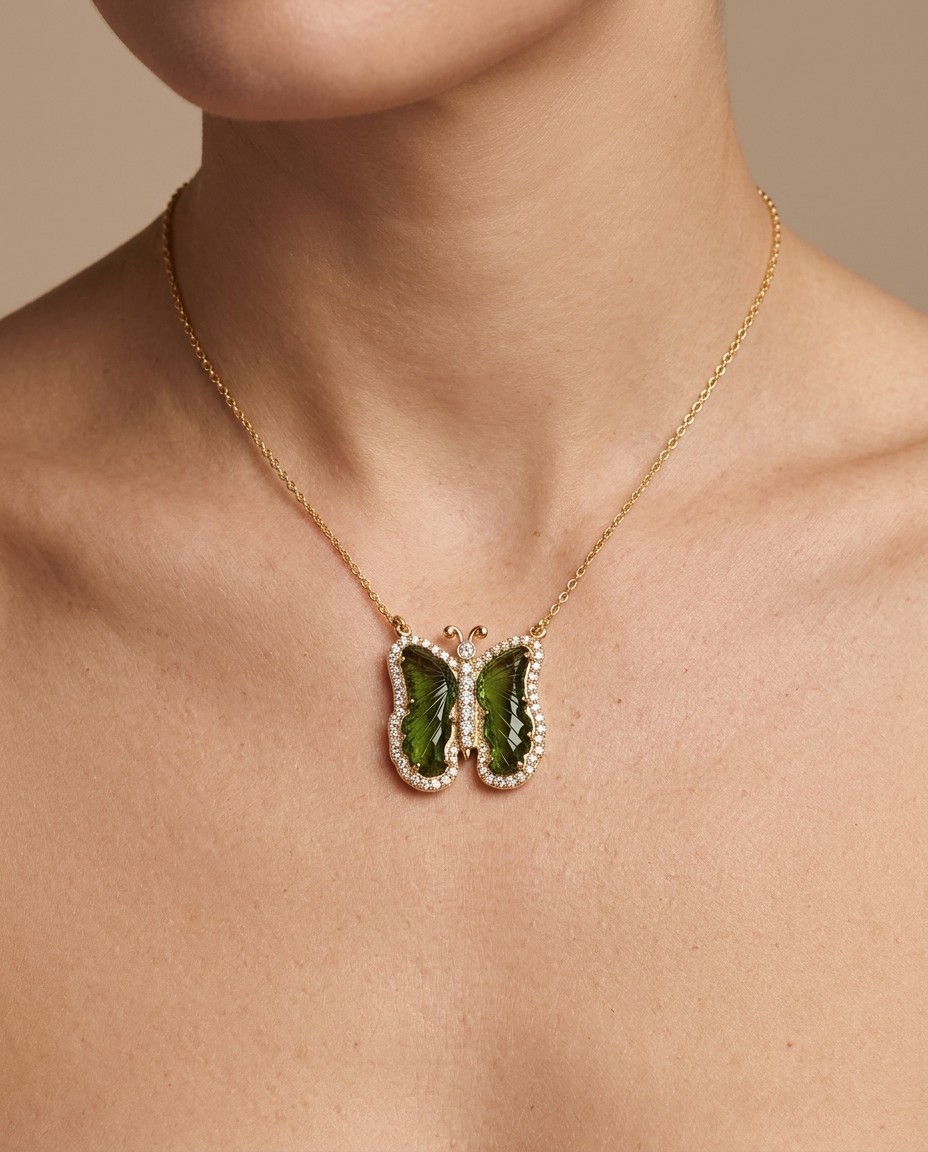 14KT Yellow Gold Watermelon Tourmaline and Diamonds Butterfly Necklace on model
