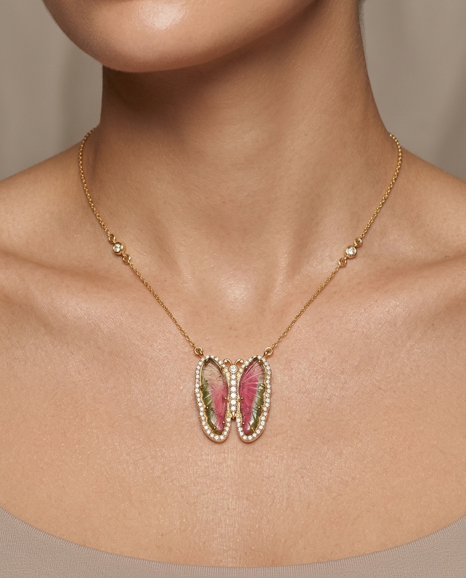 14KT Yellow Gold Watermelon Tourmaline and Diamonds Butterfly Necklace view 2