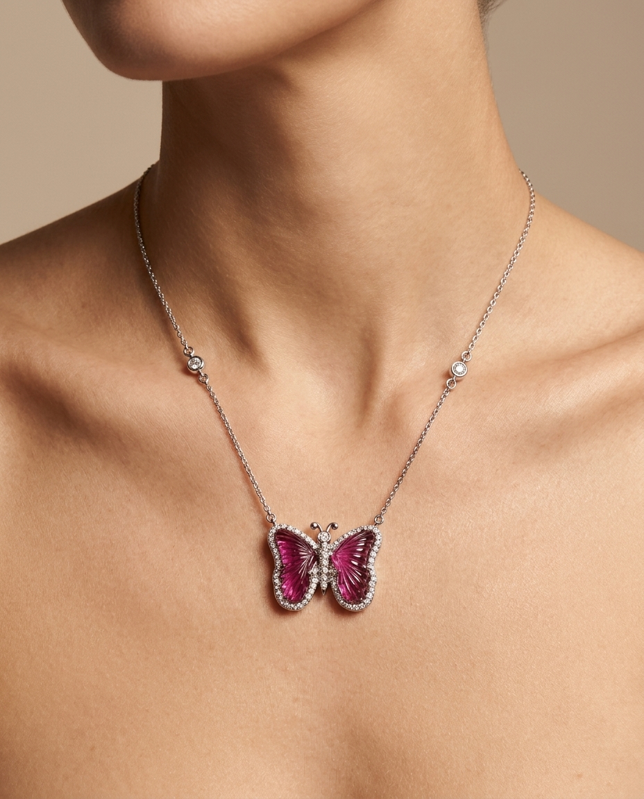 14KT White Gold Watermelon Tourmaline and Diamonds Butterfly Necklace on model