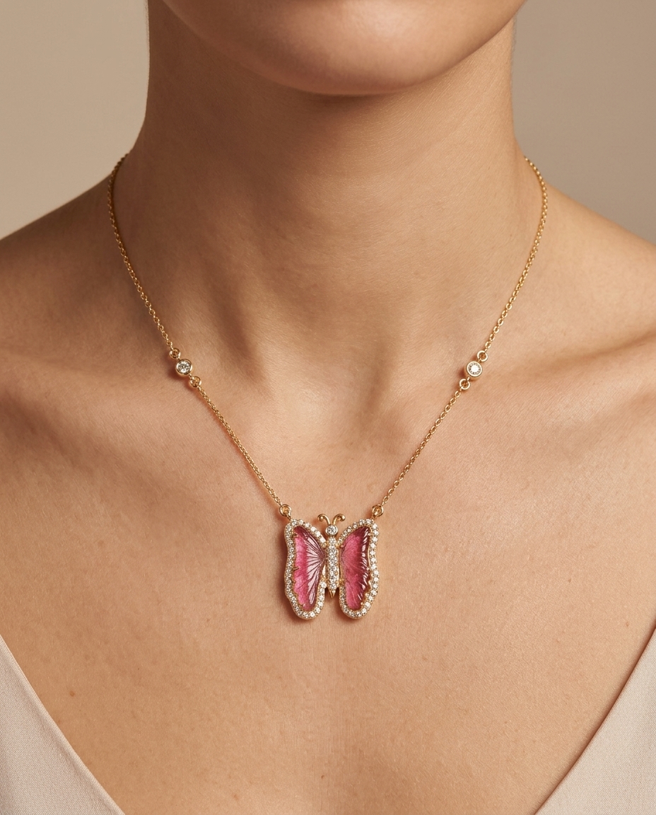 14KT Yellow Gold Watermelon Tourmaline and Diamonds Butterfly Necklace view 2