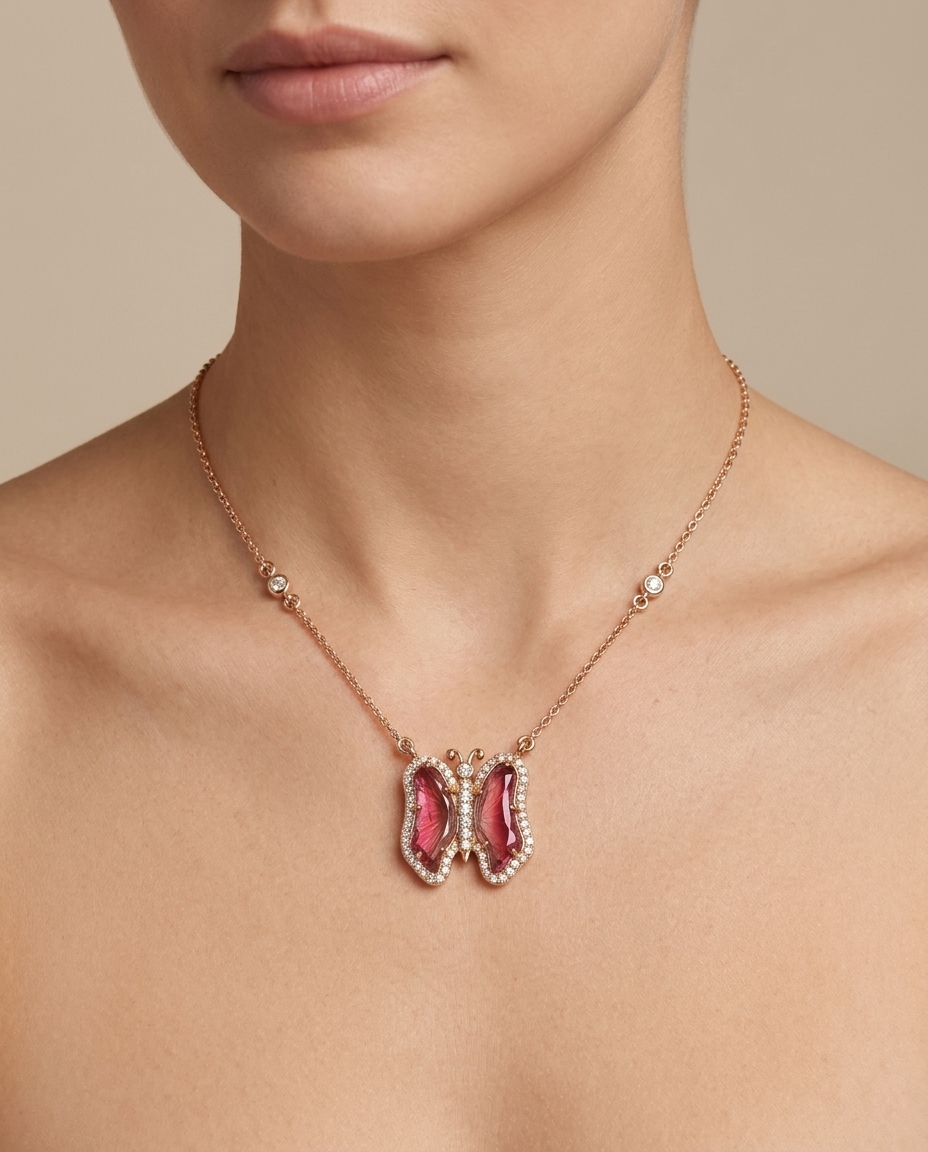 14KT Yellow Gold Watermelon Tourmaline and Diamonds Butterfly Necklace view 2