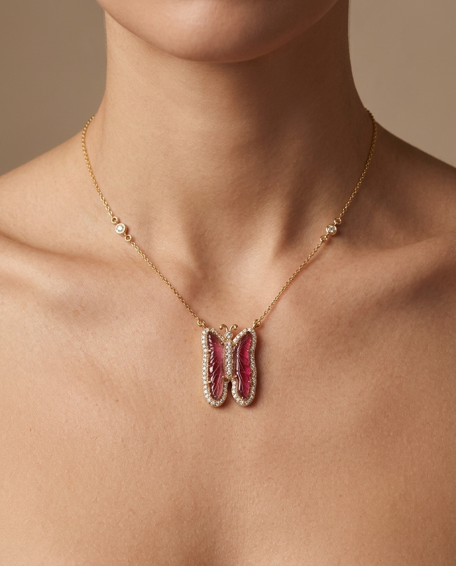 14KT Yellow Gold Watermelon Tourmaline and Diamonds Butterfly Necklace on model
