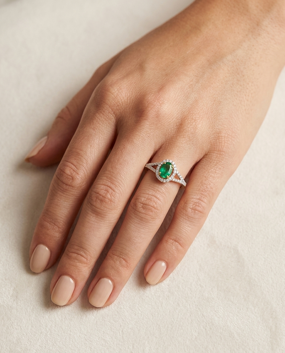 14KT Yellow Gold Emerald and Diamonds Ring on model