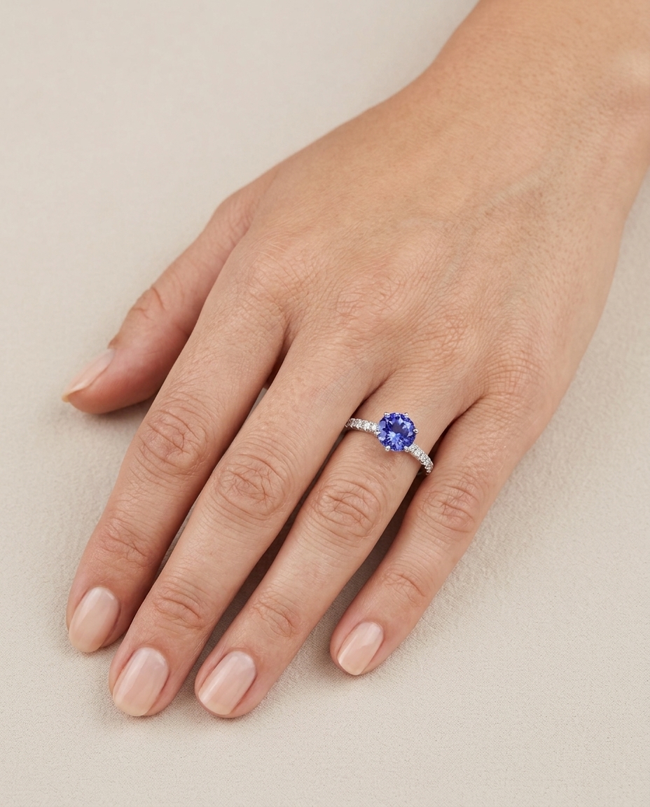 14KT White Gold Tanzanite and Diamonds Ring view 2