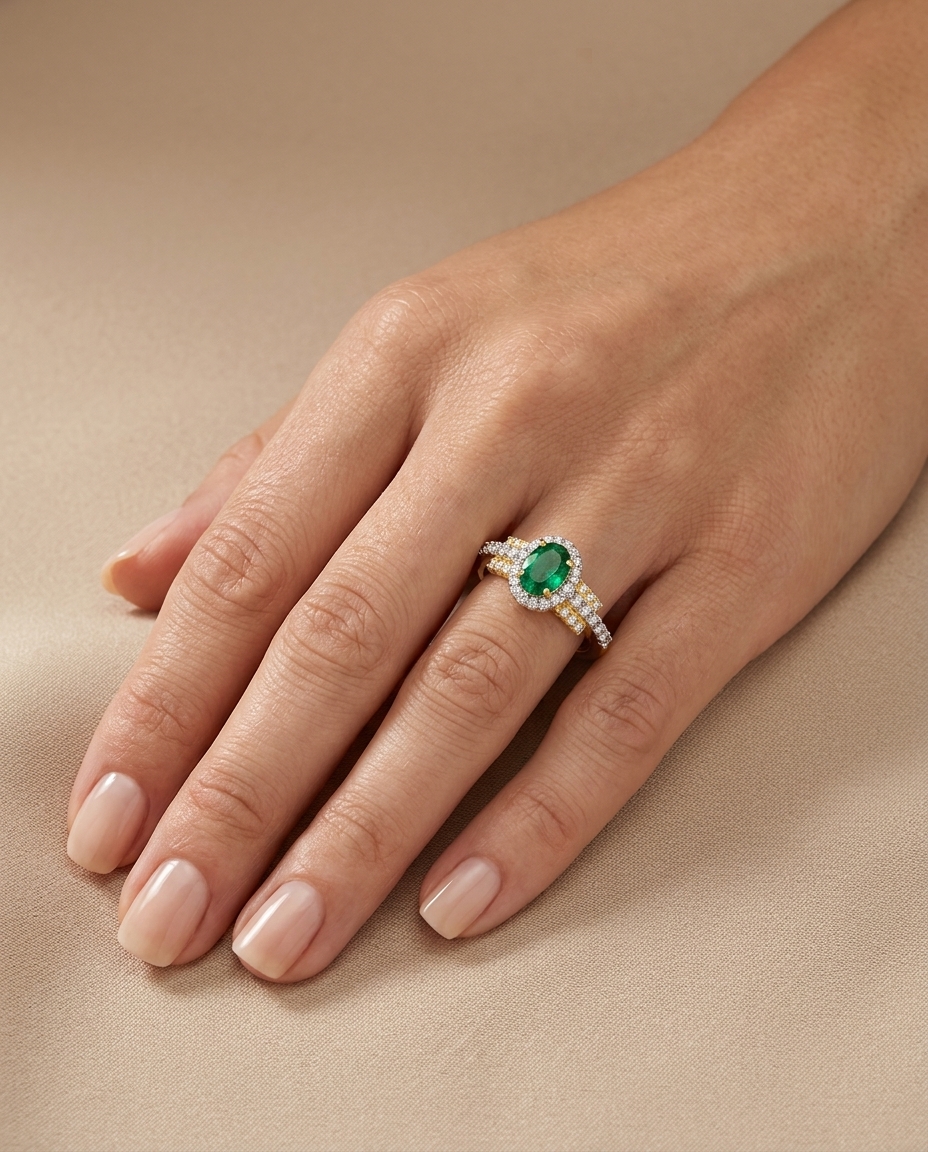 14KT Yellow Gold Emerald and Diamonds Ring view 2
