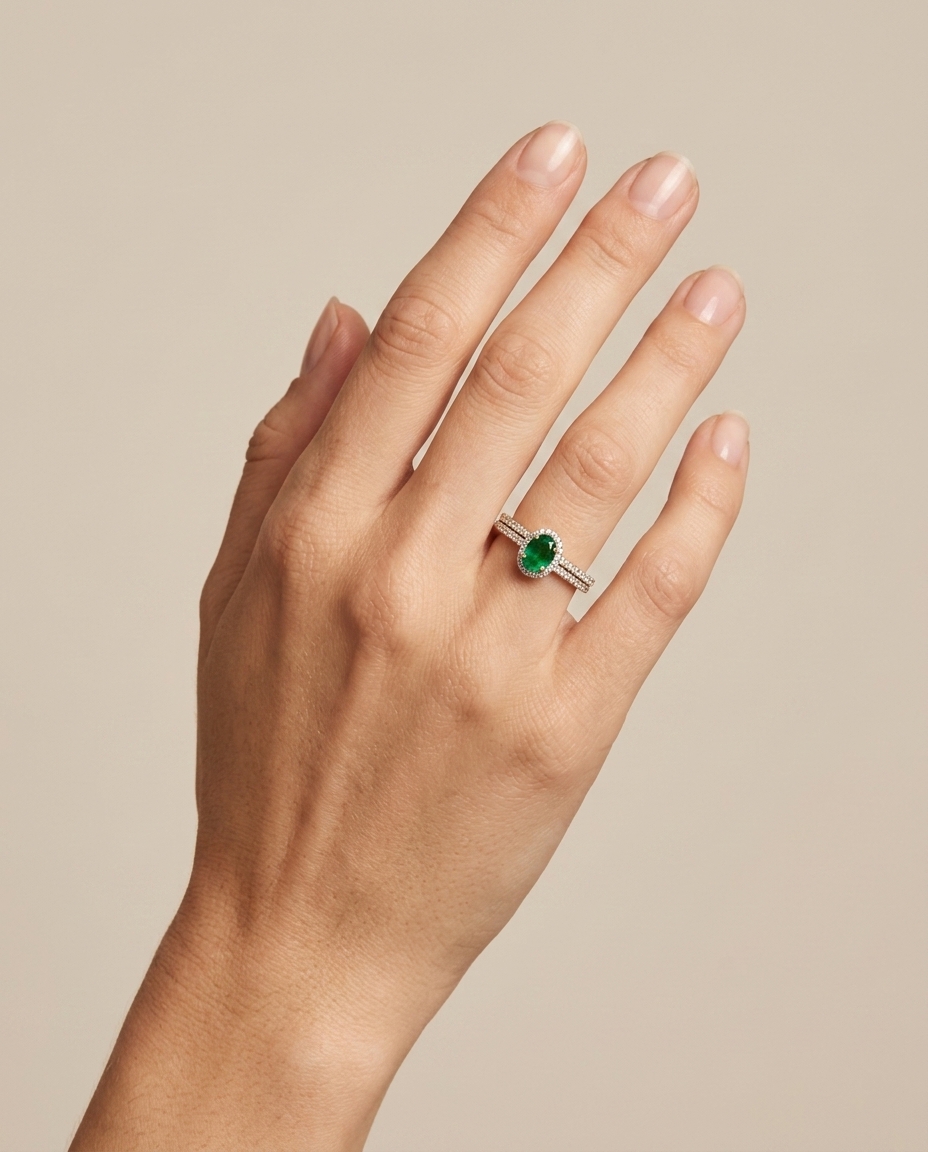 14KT Yellow Gold Emerald and Diamonds Ring on model