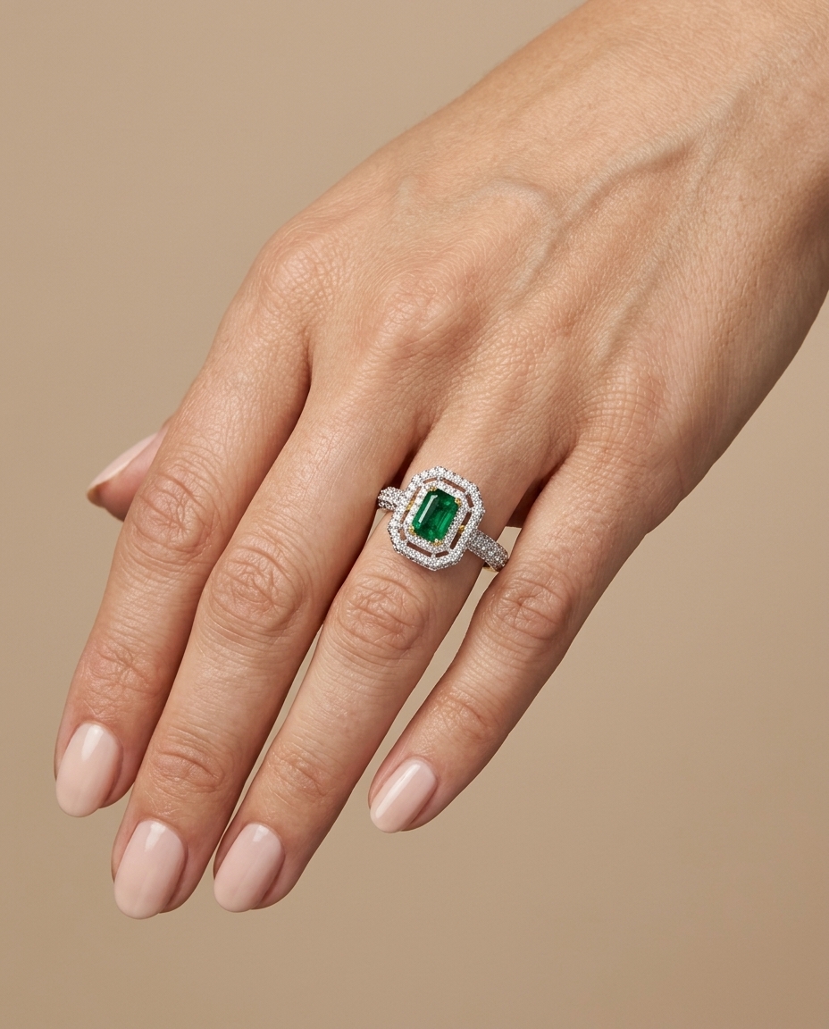 14KT Yellow Gold Emerald and Diamonds Ring on model