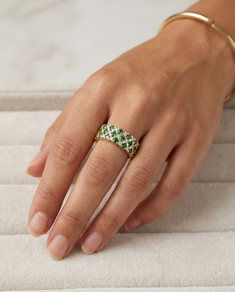 14KT Yellow Gold Emerald and Diamonds Ring view 2