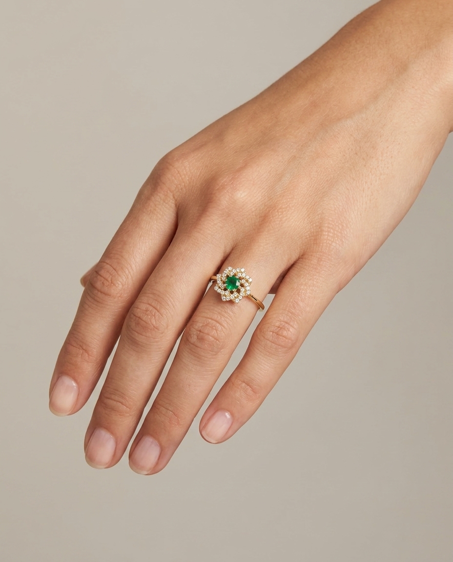 14KT Yellow Gold Emerald and Diamonds Ring view 2