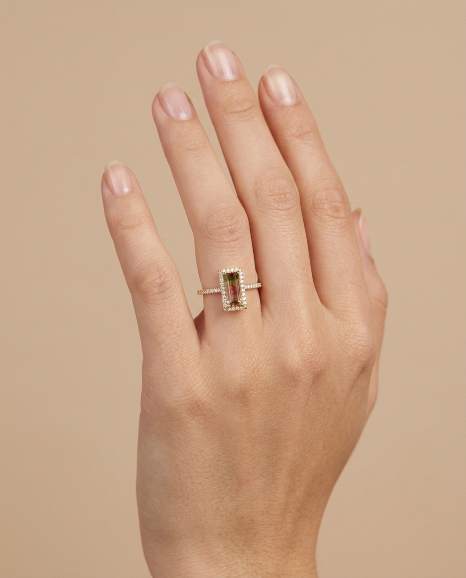 14KT Yellow Gold Tourmaline and Diamonds Ring on model