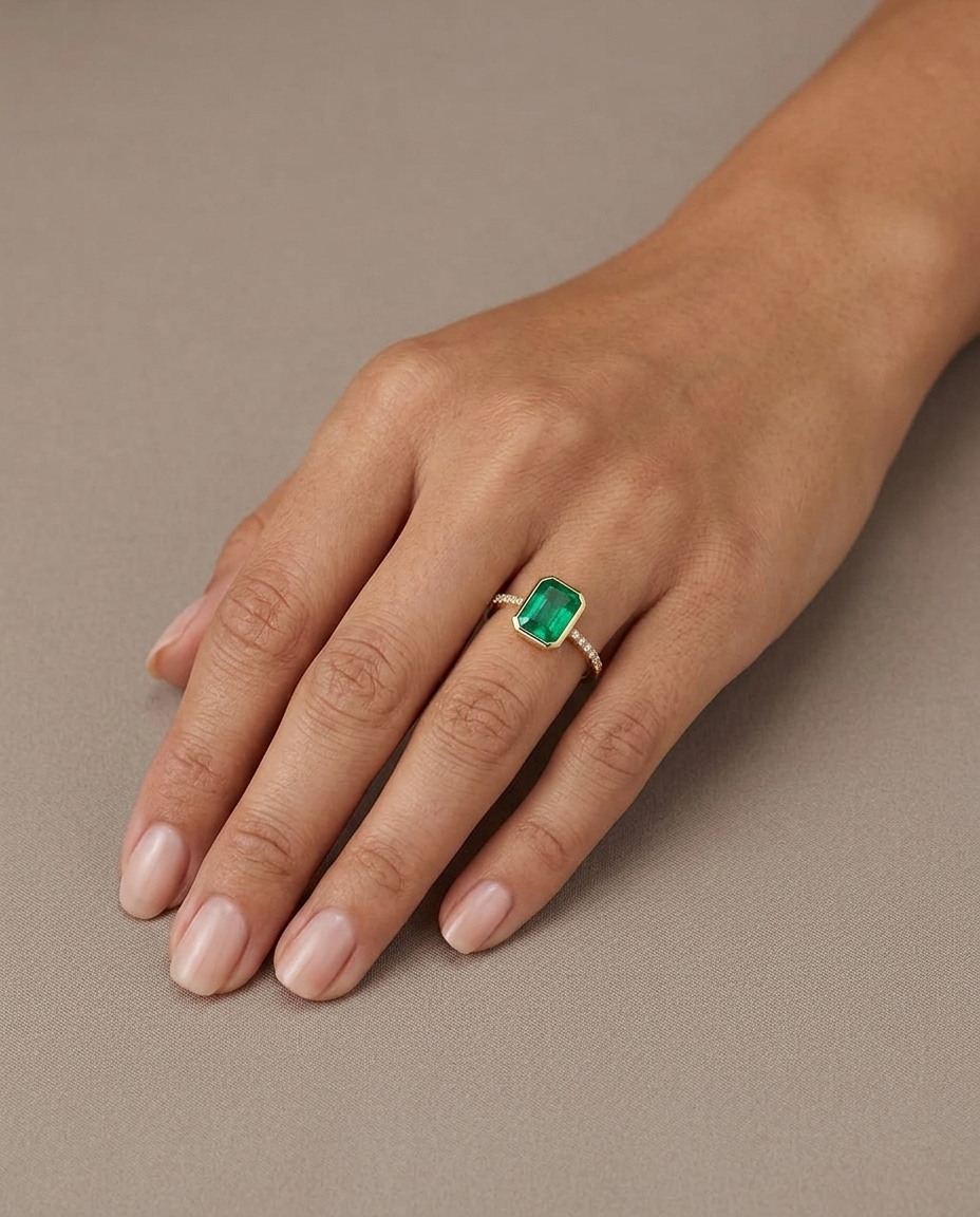 14KT Yellow Gold Emerald and Diamonds Ring view 2